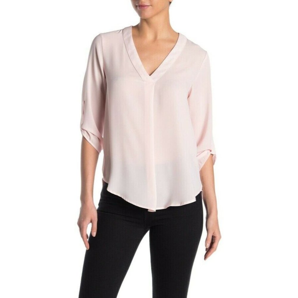 Nordstrom LUSH Split V Neck Roll Sleeve Top L Pink